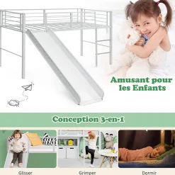 Lit Superpose avec Echelle et Toboggan Amovible Cadre de Lit pour Enfant avec Cloture de Securite