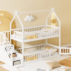 Lit superpose enfant 90 par 200 cm bois massif avec toit echelle de securite tiroirs lit simple blanc rangement enfants