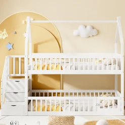 Lit superpose enfant 90 par 200 cm bois massif avec toit echelle de securite tiroirs lit simple blanc rangement enfants