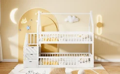 Lit superpose enfant 90 par 200 cm bois massif avec toit echelle de securite tiroirs lit simple blanc rangement enfants