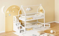 Lit superpose enfant 90 par 200 cm bois massif avec toit echelle de securite tiroirs lit simple blanc rangement enfants