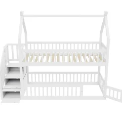Lit superpose enfant 90 par 200 cm bois massif avec toit echelle de securite tiroirs lit simple blanc rangement enfants