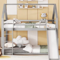 Lit superpose enfant 140x200 cm gris avec toboggan echelle et design cabane pour chambre enfant