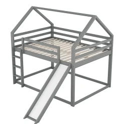 Lit superpose enfant 140x200 cm gris avec toboggan echelle et design cabane pour chambre enfant