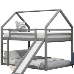 Lit superpose enfant 140x200 cm gris avec toboggan echelle et design cabane pour chambre enfant