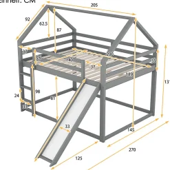 Lit superpose enfant 140x200 cm gris avec toboggan echelle et design cabane pour chambre enfant