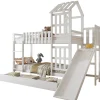Lit superpose enfant 90x200 grand tiroir roulettes toboggan toit fenetres decoratifs pin MDF contreplaque blanc