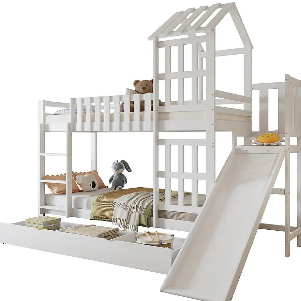 Lit superpose enfant 90x200 grand tiroir roulettes toboggan toit fenetres decoratifs pin MDF contreplaque blanc