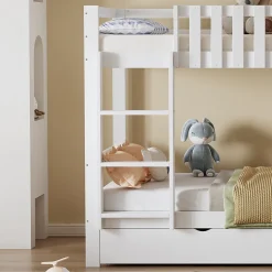 Lit superpose enfant 90x200 grand tiroir roulettes toboggan toit fenetres decoratifs pin MDF contreplaque blanc