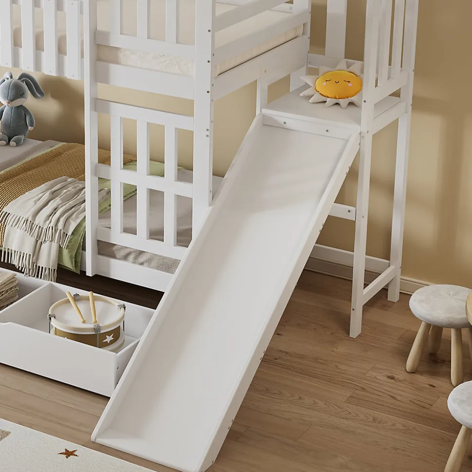 Lit superpose enfant 90x200 grand tiroir roulettes toboggan toit fenetres decoratifs pin MDF contreplaque blanc