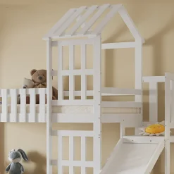 Lit superpose enfant 90x200 grand tiroir roulettes toboggan toit fenetres decoratifs pin MDF contreplaque blanc