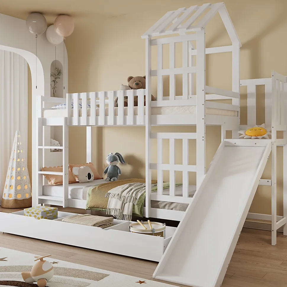 Lit superpose enfant 90x200 grand tiroir roulettes toboggan toit fenetres decoratifs pin MDF contreplaque blanc