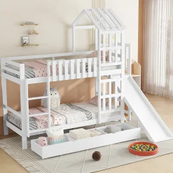 Lit superpose enfant 90x200 grand tiroir roulettes toboggan toit fenetres decoratifs pin MDF contreplaque blanc