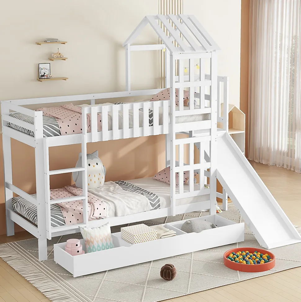 Lit superpose enfant 90x200 grand tiroir roulettes toboggan toit fenetres decoratifs pin MDF contreplaque blanc