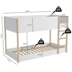 LIT SUPERPOSE 90x190 BOB + 2 SOMMIERS / Blanc et Bois clair