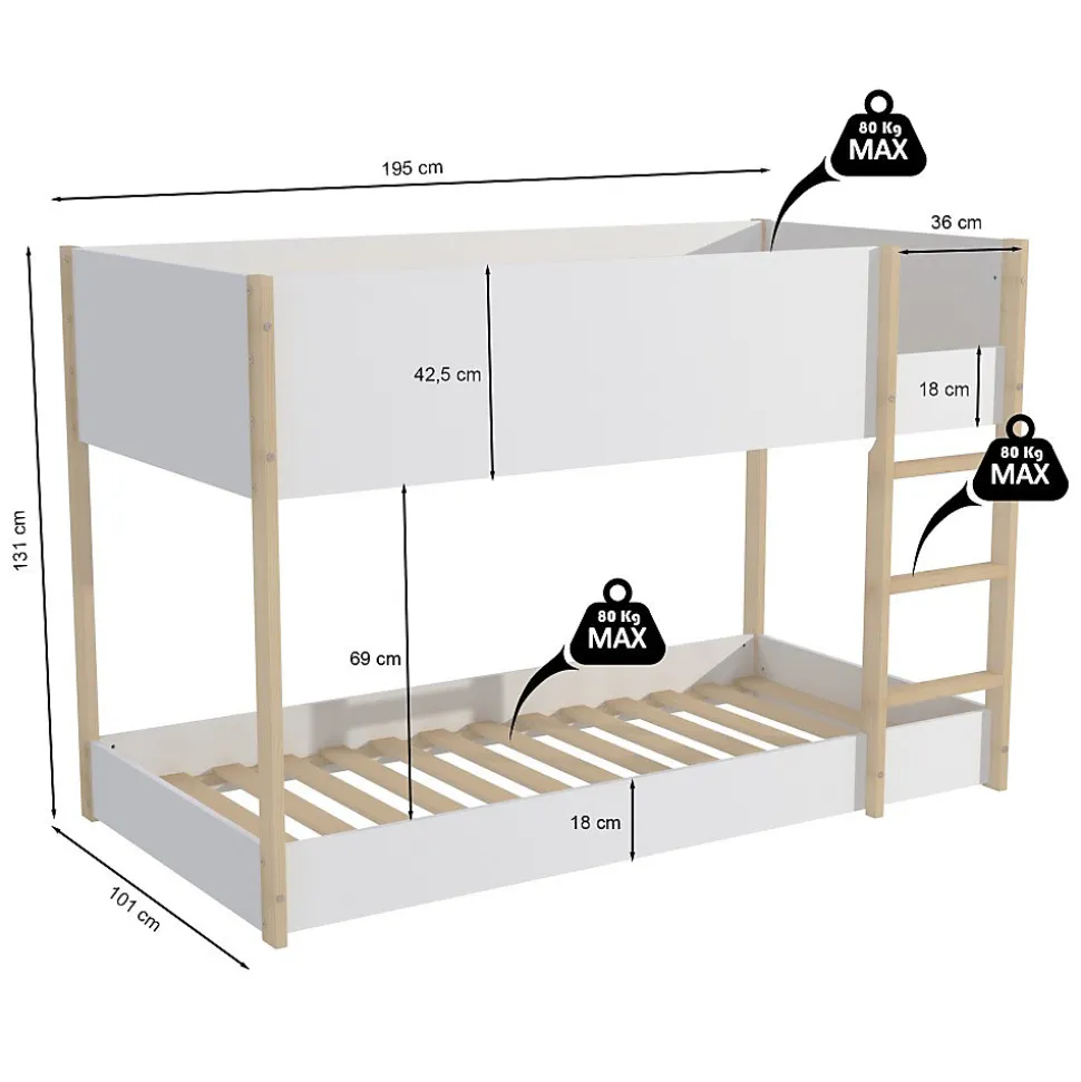 LIT SUPERPOSE 90x190 BOB + 2 SOMMIERS / Blanc et Bois clair