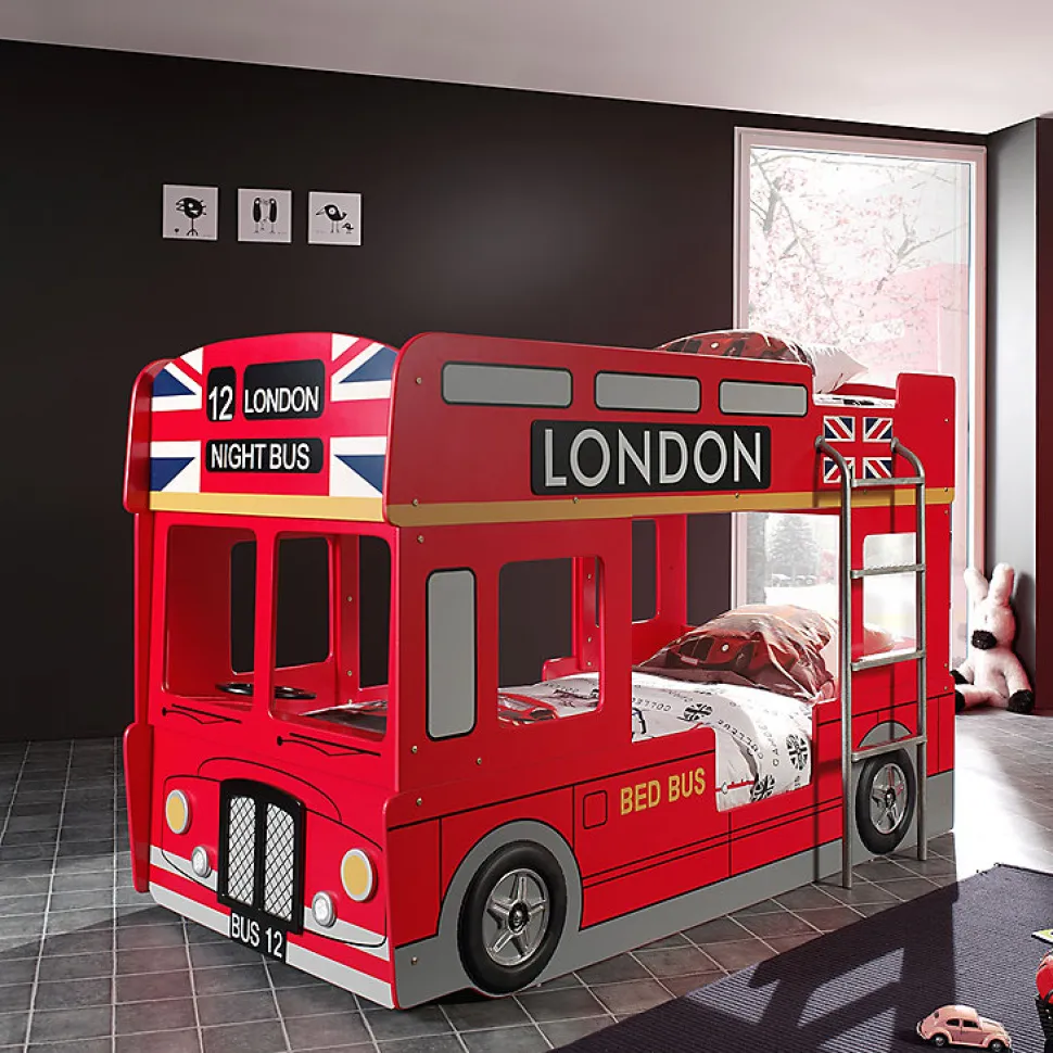Lit superpose 90x200 Bus Londonien sommier inclus Vipack Car Beds - Rouge