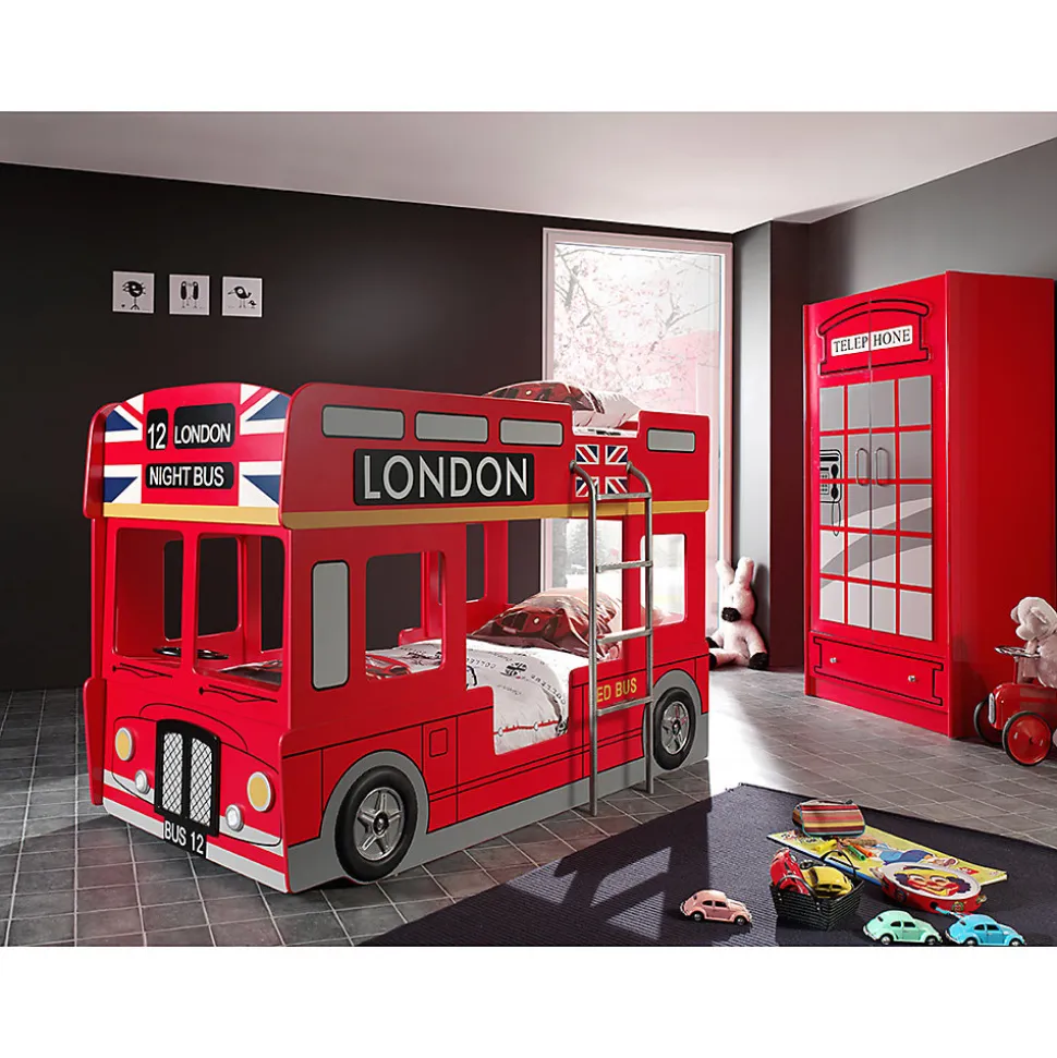 Lit superpose 90x200 Bus Londonien sommier inclus Vipack Car Beds - Rouge