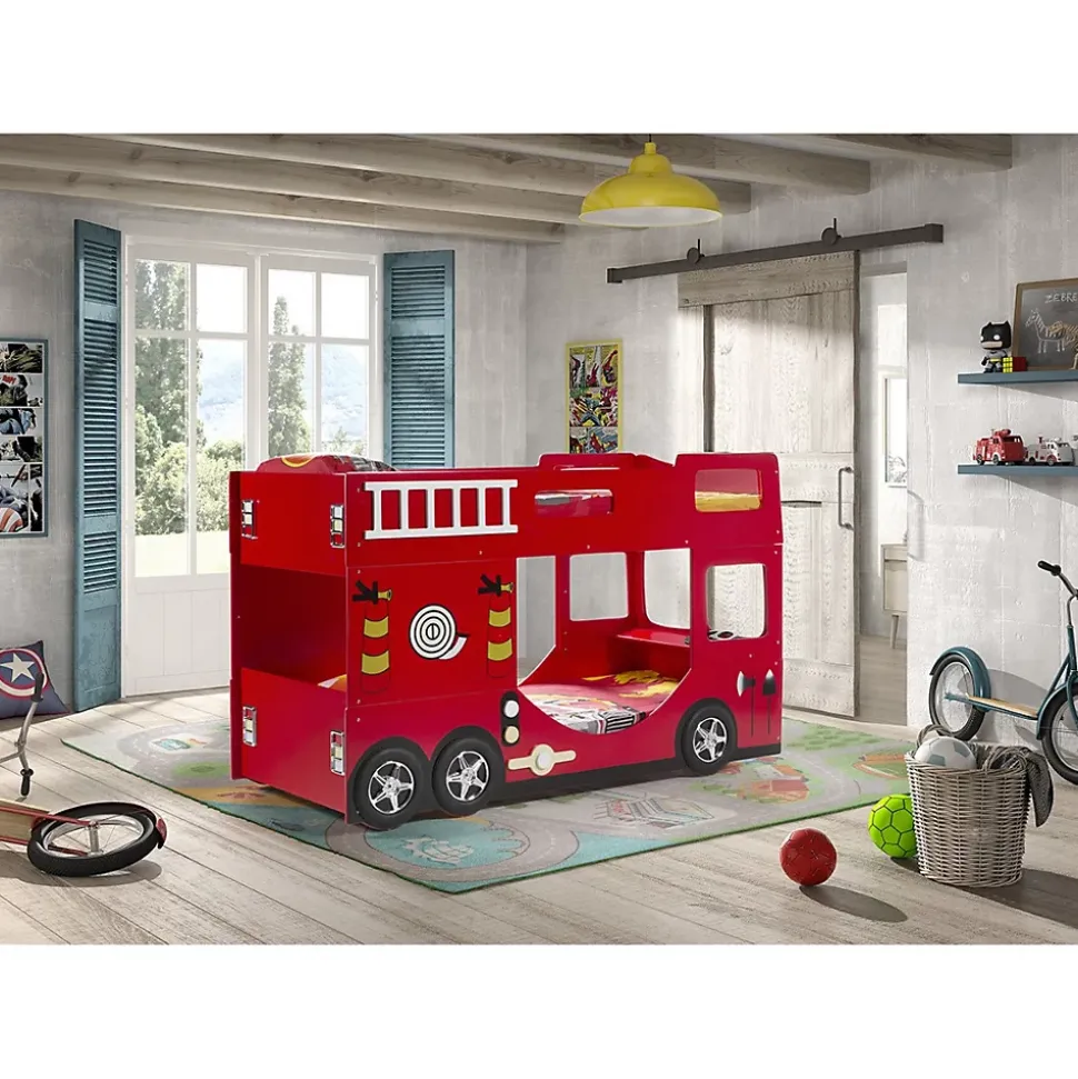 Lit superpose 90x200 Camion de pompier sommier inclus Vipack Car Beds - Rouge