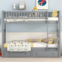 Lit superpose 90x200 cm gris avec tiroirs et lits convertibles pour chambre enfant