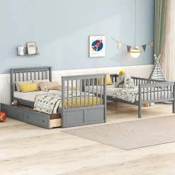 Lit superpose 90x200 cm gris avec tiroirs et lits convertibles pour chambre enfant