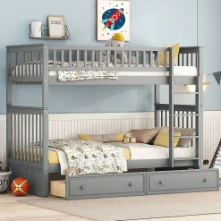 Lit superpose 90x200 cm gris avec tiroirs et lits convertibles pour chambre enfant