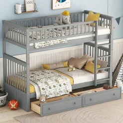 Lit superpose 90x200 cm gris avec tiroirs et lits convertibles pour chambre enfant