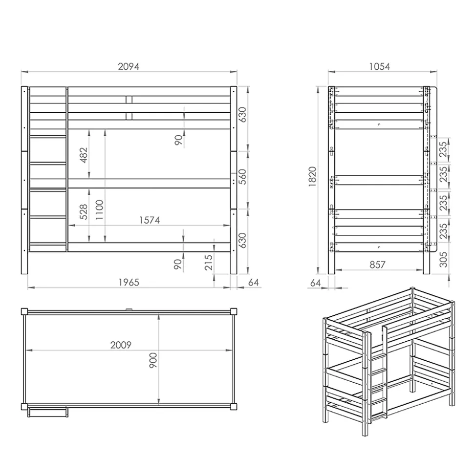 Lit Superpose 90x200 Hauteur 180 cm Sommier Inclus Vipack Pino Gris