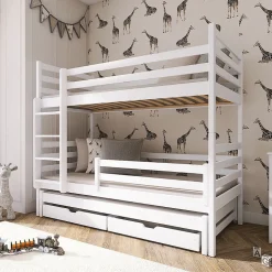 Lit superpose 90x200 sommier lit gigogne et tiroirs inclus Leo Blanc