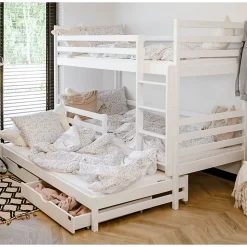 Lit superpose 90x200 sommier lit gigogne et tiroirs inclus Leo Blanc