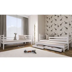 Lit superpose 90x200 sommier lit gigogne et tiroirs inclus Leo Blanc