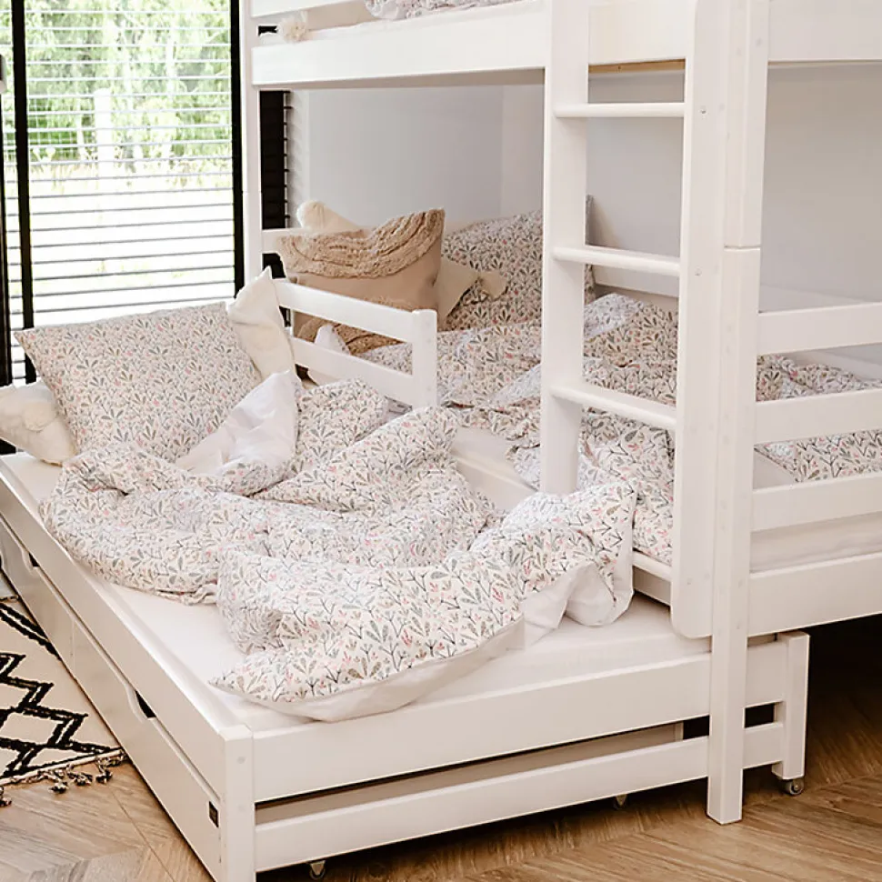 Lit superpose 90x200 sommier lit gigogne et tiroirs inclus Leo Blanc