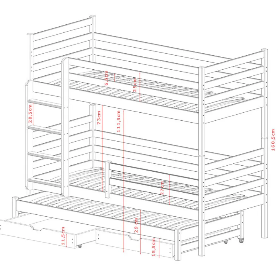 Lit superpose 90x200 sommier lit gigogne et tiroirs inclus Leo Blanc
