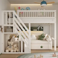 Lit surélevé 90x200 cm bois massif blanc, escalier + armoire intégrée, lit simple pour enfants et ados