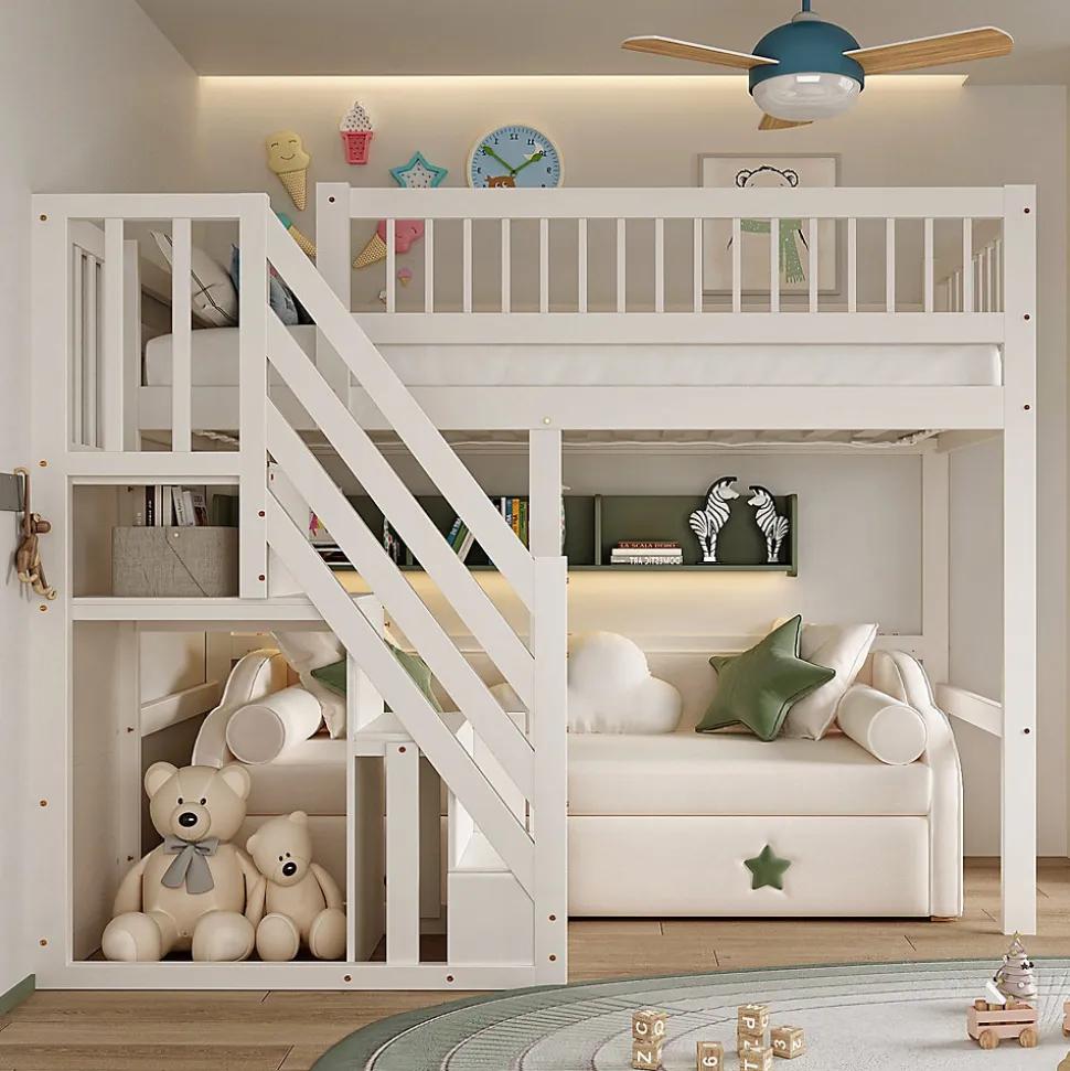 Lit surélevé 90x200 cm bois massif blanc, escalier + armoire intégrée, lit simple pour enfants et ados