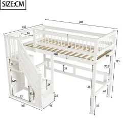Lit surélevé 90x200 cm bois massif blanc, escalier + armoire intégrée, lit simple pour enfants et ados