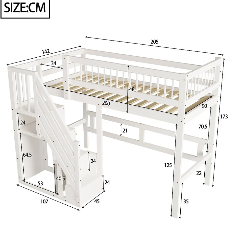 Lit surélevé 90x200 cm bois massif blanc, escalier + armoire intégrée, lit simple pour enfants et ados