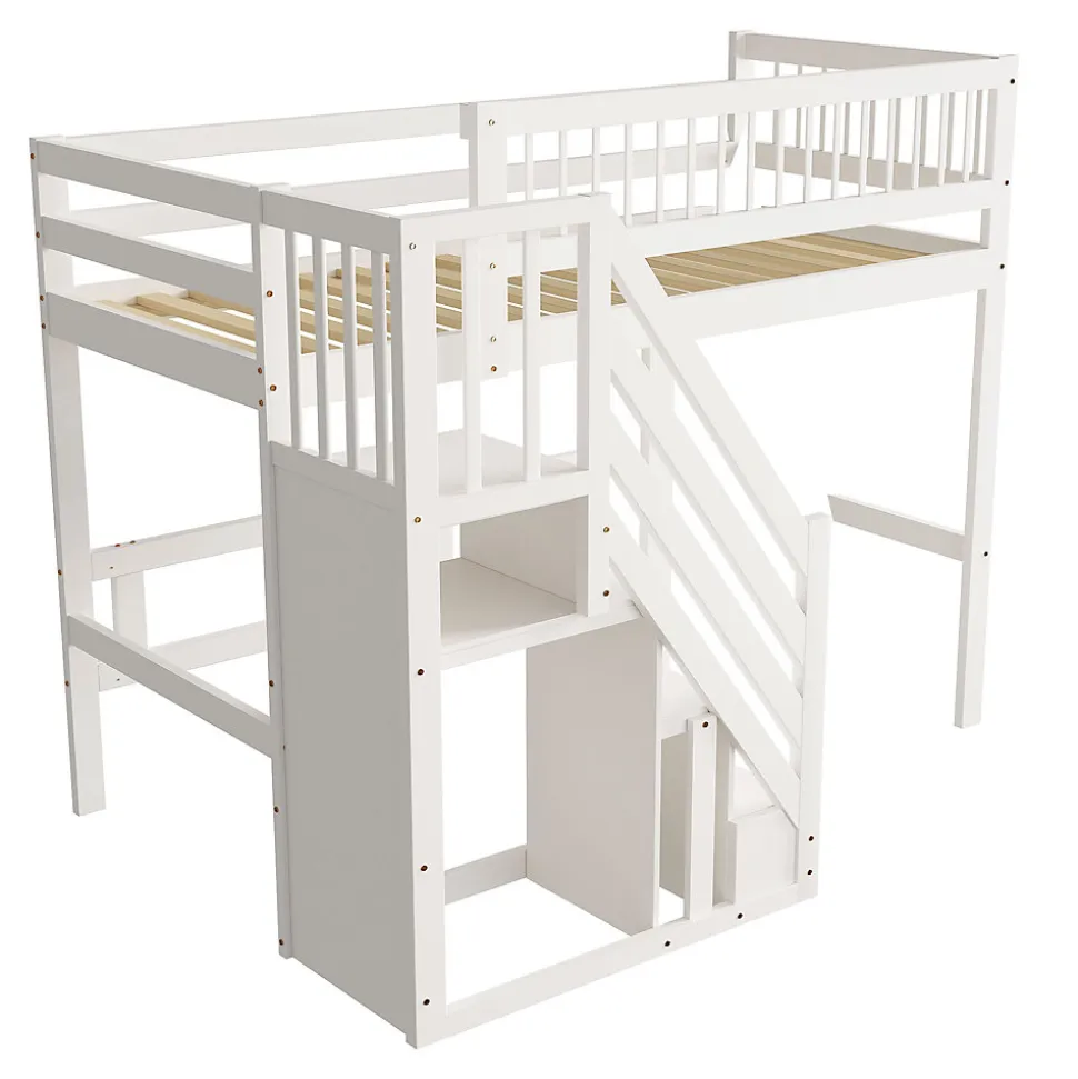 Lit surélevé 90x200 cm bois massif blanc, escalier + armoire intégrée, lit simple pour enfants et ados