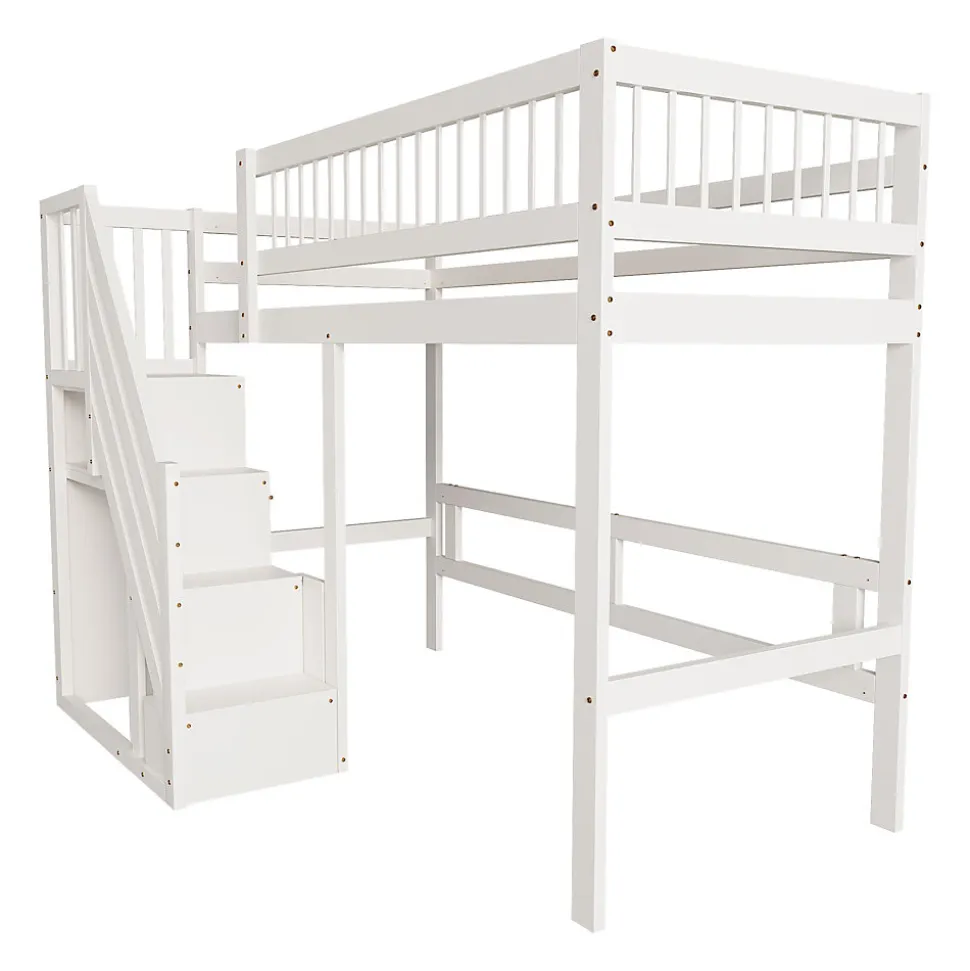 Lit surélevé 90x200 cm bois massif blanc, escalier + armoire intégrée, lit simple pour enfants et ados