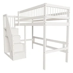 Lit surélevé 90x200 cm bois massif blanc, escalier + armoire intégrée, lit simple pour enfants et ados