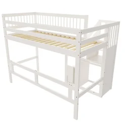 Lit surélevé 90x200 cm bois massif blanc, escalier + armoire intégrée, lit simple pour enfants et ados