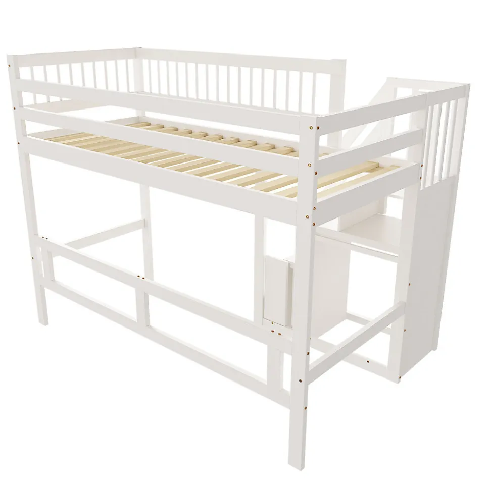 Lit surélevé 90x200 cm bois massif blanc, escalier + armoire intégrée, lit simple pour enfants et ados