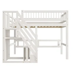 Lit surélevé 90x200 cm bois massif blanc, escalier + armoire intégrée, lit simple pour enfants et ados