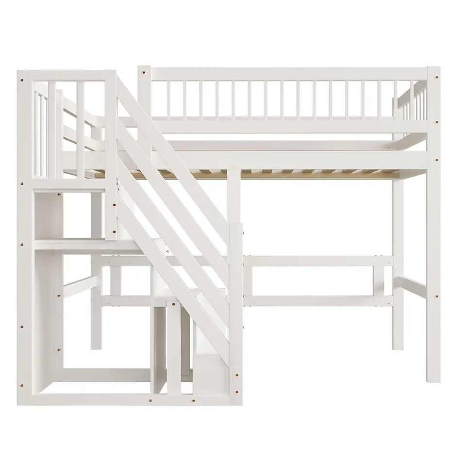 Lit surélevé 90x200 cm bois massif blanc, escalier + armoire intégrée, lit simple pour enfants et ados