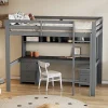 Lit surélevé 90x200cm, avec bureau et grand rangement, Gris