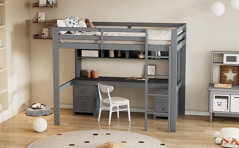 Lit surélevé 90x200cm, avec bureau et grand rangement, Gris