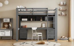 Lit surélevé 90x200cm, avec bureau et grand rangement, Gris