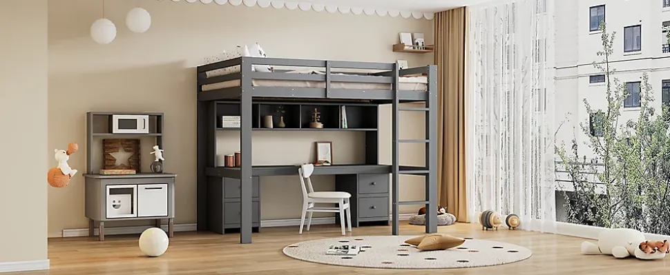 Lit surélevé 90x200cm, avec bureau et grand rangement, Gris