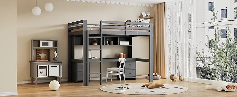 Lit surélevé 90x200cm, avec bureau et grand rangement, Gris