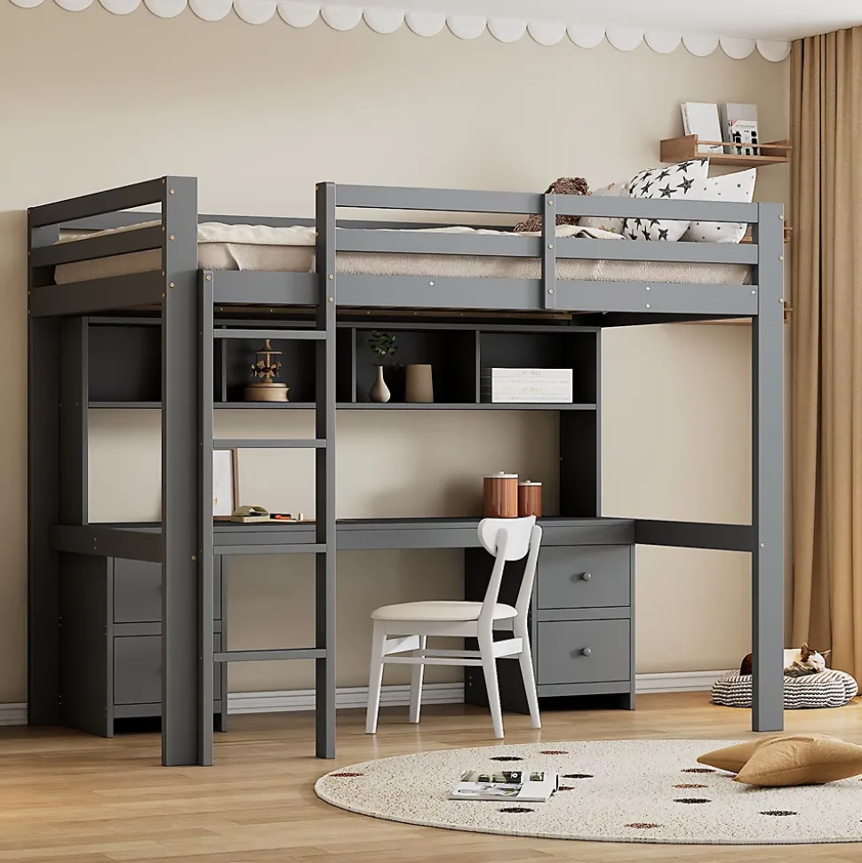 Lit surélevé 90x200cm, avec bureau et grand rangement, Gris